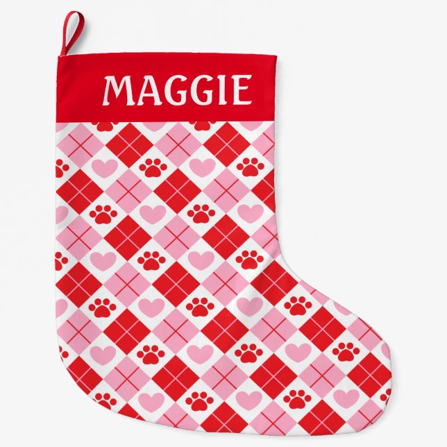 Red and Pink Argyle Paw Print & Heart Pattern Large Christmas Stocking (Front)