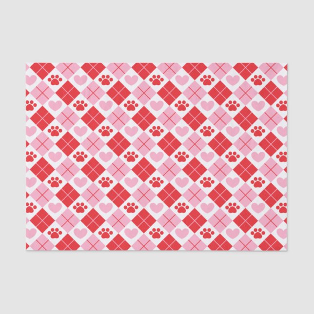 Red and Pink Argyle Paw Print & Heart Pattern Tissue Paper (Front)