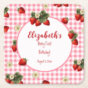 Red and Pink Berry First Baby Girl Birthday Party Square Paper Coaster