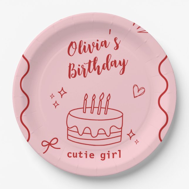 Red and Pink Birthday Paper Plate (Front)