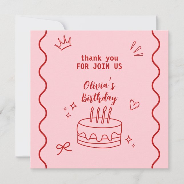 Red and Pink Birthday Thank You Card (Front)