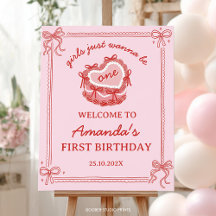 Red and Pink Bow Cake Girl Birthday Welcome Sign