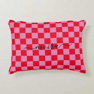 Red and Pink Check Girly Name Accent Pillow