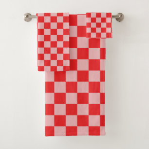 red and pink chequered bath towel set