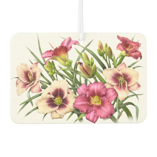 Red and Pink Daylily Flowers Botanical Art Design Air Freshener (Front)
