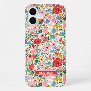 Red and Pink Ditsy Flowers Monogrammed iPhone 16 Plus Case