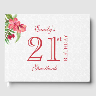 Red And Pink Exotic Flowers And White Damask Guest Book