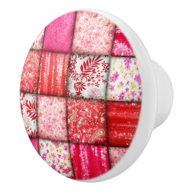 Red and Pink Faux Patchwork Quilting Pattern Ceramic Knob (Right)