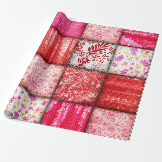 Red and Pink Faux Patchwork Quilting Wrapping Paper (Unrolled)