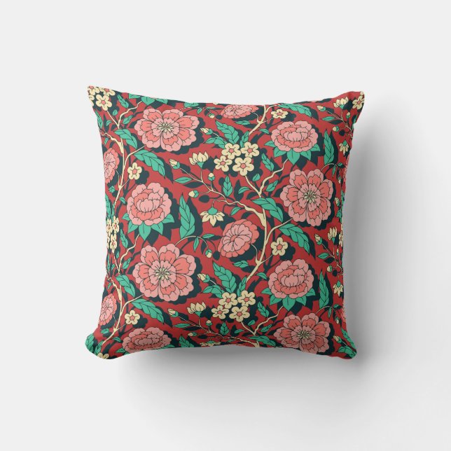 Red and Pink Floral Chinoiserie Pattern Throw Pillow (Front)
