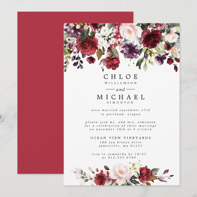 Red and Pink Floral Rustic Elopement Reception Invitation (Front/Back)