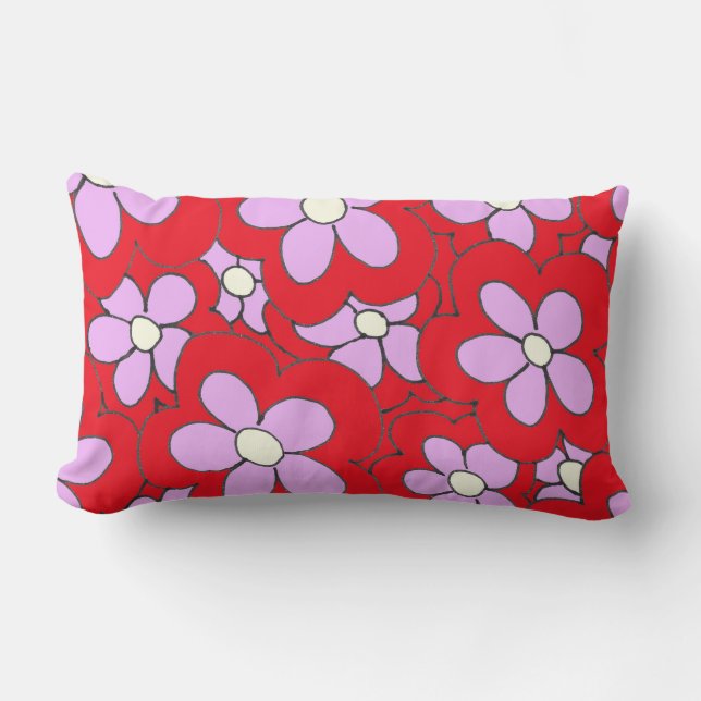 Red and Pink Flower Design Hand Drawn Lumbar Pillow (Front)