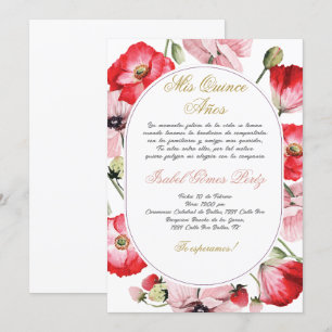 Red and pink flower Quinceanera invitation