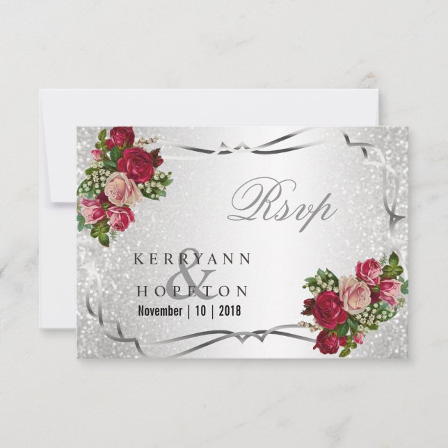 Red and Pink Flowers and Silver Glitter - RSVP (Front)