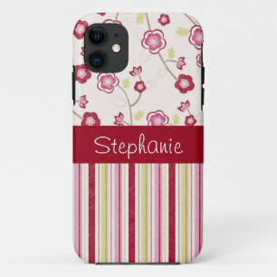 Red and Pink Flowers and Stripes Personalized iPhone 11 Case