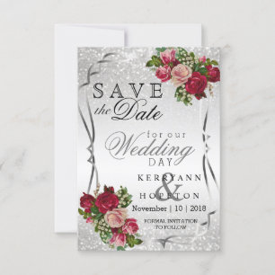 Red and Pink Flowers & Silver Glitter Save The Date