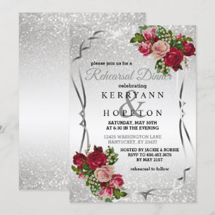 Red and Pink Flowers with Silver Glitter Invitation
