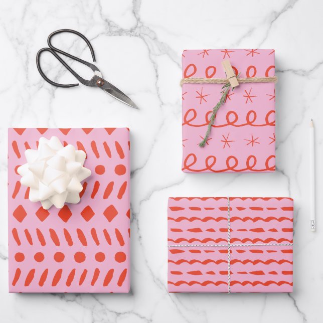 Red and Pink Geometric Abstract Christmas Wrapping Paper Sheet (Front)