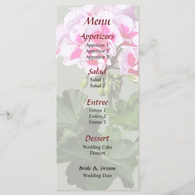 Red and Pink Geranium Wedding Menu (Front)