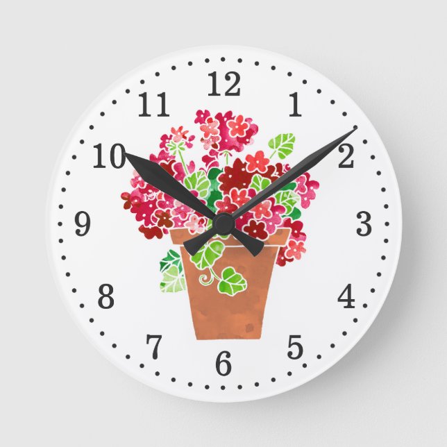 Red and Pink Geraniums in Pot Floral Round Clock (Front)