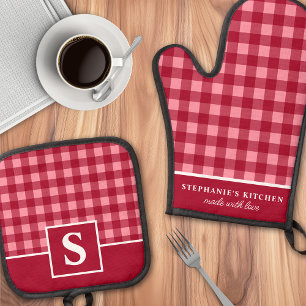 Red And Pink Gingham Plaid Chequered Monogrammed Oven Mitt & Pot Holder Set