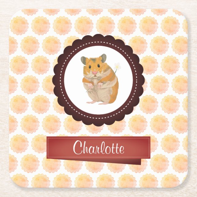 Red and Pink Girls Hamster Square Paper Coaster (Front)