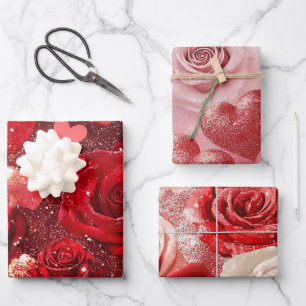 Red and Pink Glitter Hearts and Roses Valentine's Wrapping Paper Sheet