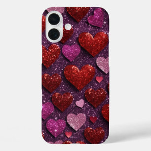 RED AND PINK GLITTER LOOK VALENTINE LOVE HEARTS iPhone 16 PLUS CASE