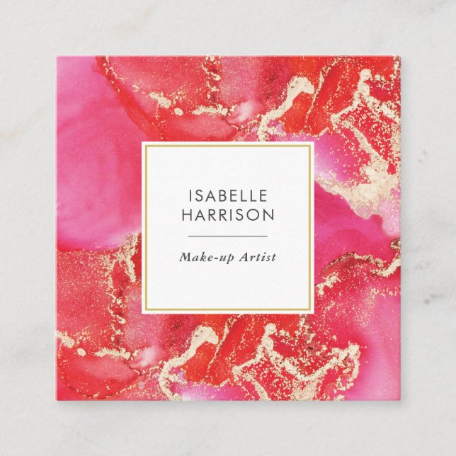Red and pink gold watercolor ink business card (Front)