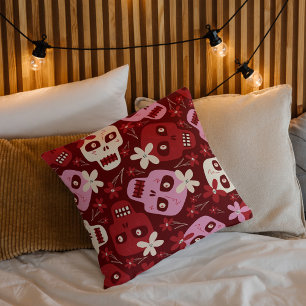 Red and Pink Gothic Floral Skull Halloween Throw Pillow