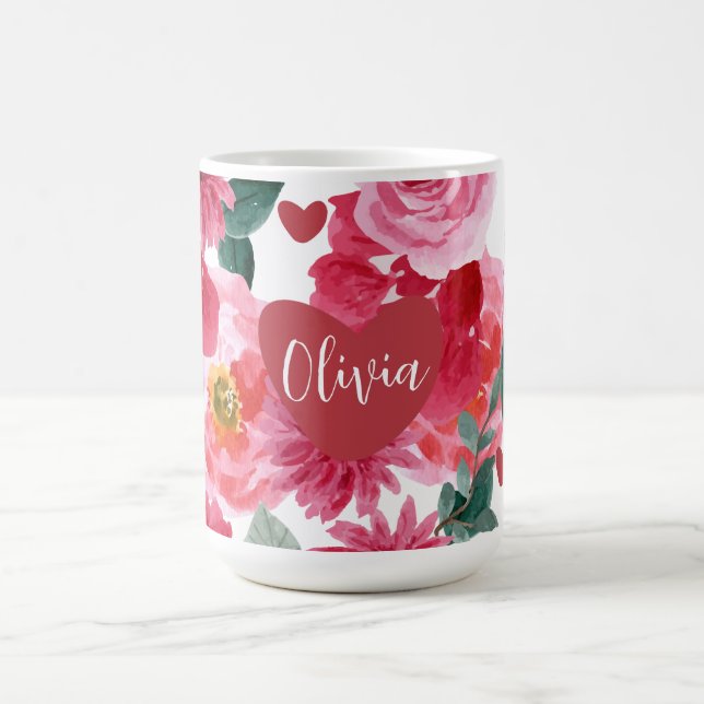 Red and pink heart love floral valentines day name coffee mug (Center)
