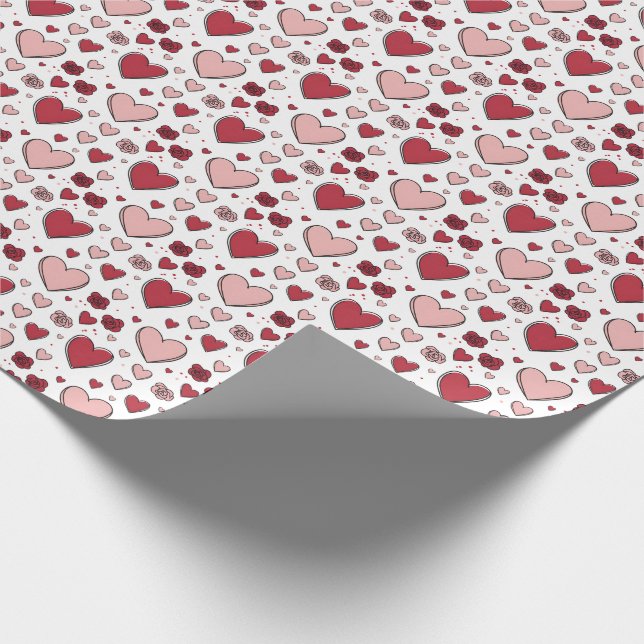Red and Pink Hearts and Roses Doodle Art Wrapping Paper (Corner)