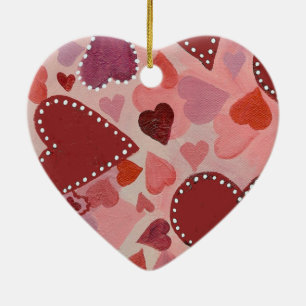 red and pink hearts ceramic ornament