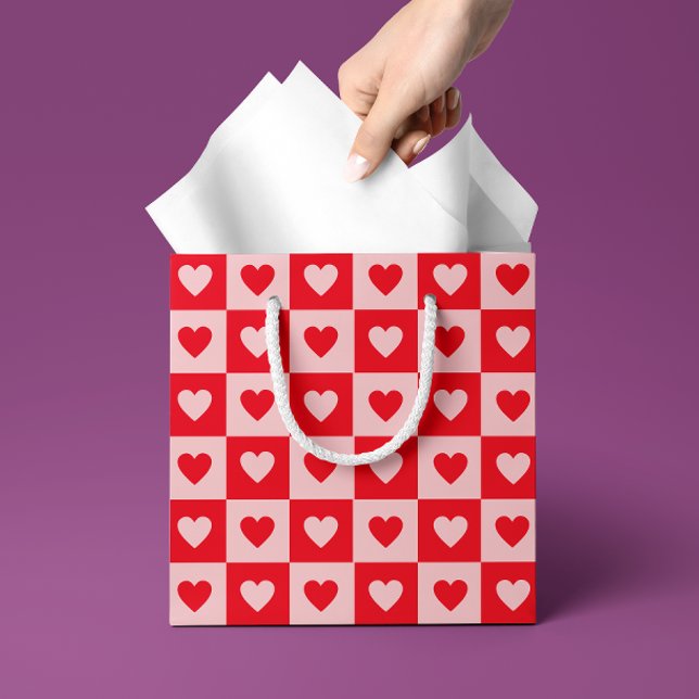 Red and Pink Hearts Checkerboard Valentine's Day Medium Gift Bag (blush pink and bright red contrasting heart checkerboard patterned gift bag)