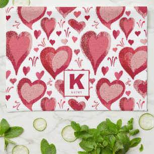 Red and Pink Hearts Pattern Drawing Monogram Kitchen Towel