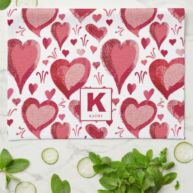 Red and Pink Hearts Pattern Drawing Monogram Kitchen Towel (Folded)