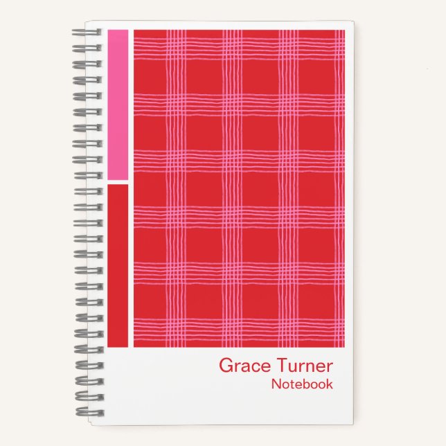 Red and Pink Illustrated Plaid Vertical Palette Notebook (Front)