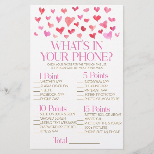 Red and Pink In Your Phone Baby Shower Game Stationery (Front)