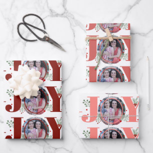 Red and pink Joy Christmas holiday photo Wrapping Paper Sheet