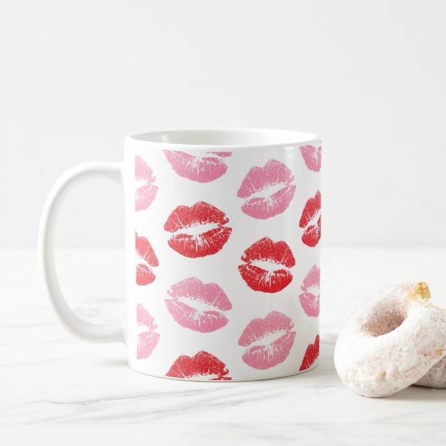 Red and Pink Lips, Pattern Of Lips, Lipstick, Kiss Coffee Mug (With Donut)