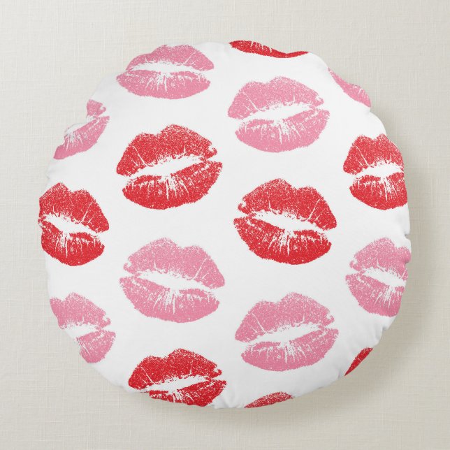 Red and Pink Lips, Pattern Of Lips, Lipstick, Kiss Round Pillow (Front)