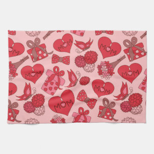 Red And Pink Mothers Day Pattern Kitchen Towel