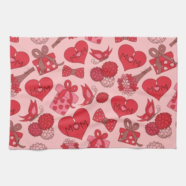 Red And Pink Mothers Day Pattern Kitchen Towel (Horizontal)