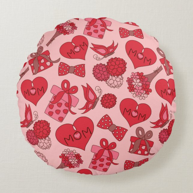 Red And Pink Mothers Day Pattern Round Pillow (Front)