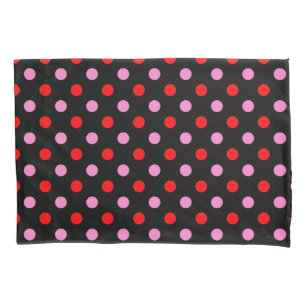 Red and Pink On Black Polka Dots Design  Pillowcase