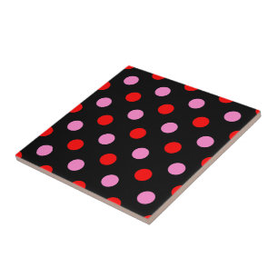 Red and Pink On Black Polka Dots Design Tile