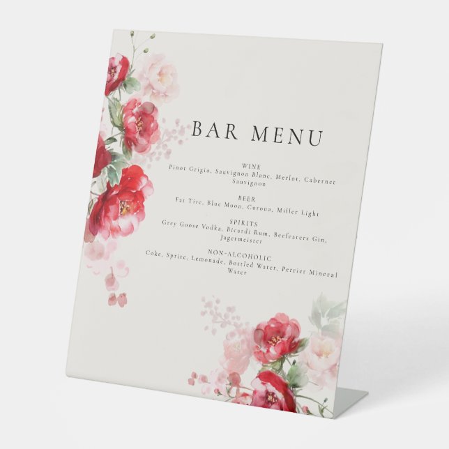 Red and Pink Paper Roses Bar Menu Pedestal Sign (Front)