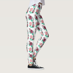 Red and Pink Rose w/Green Leaves Water Colour Leggings
