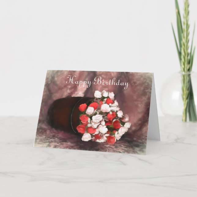 Red and Pink Roses in a Barrel Holiday Card (Front)