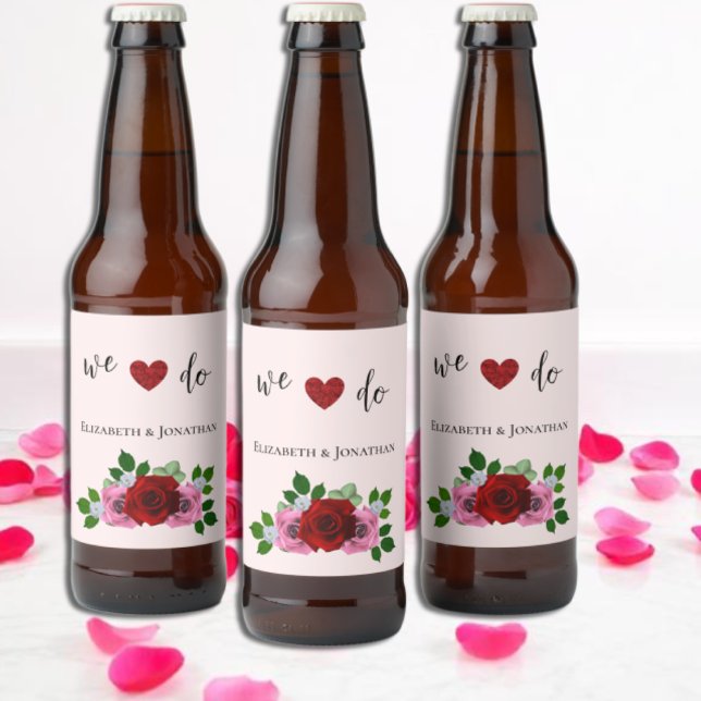 Red and Pink Roses Wedding Beer Bottle Label (Creator Uploaded)